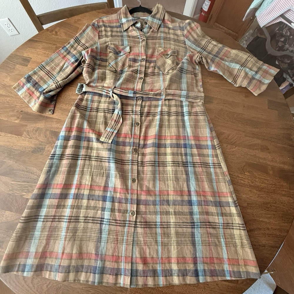 Vtg White Stag Dress 12 Plaid Midi Shirtdress Linen Blend Belt Button Front Y2K - Picture 9 of 16